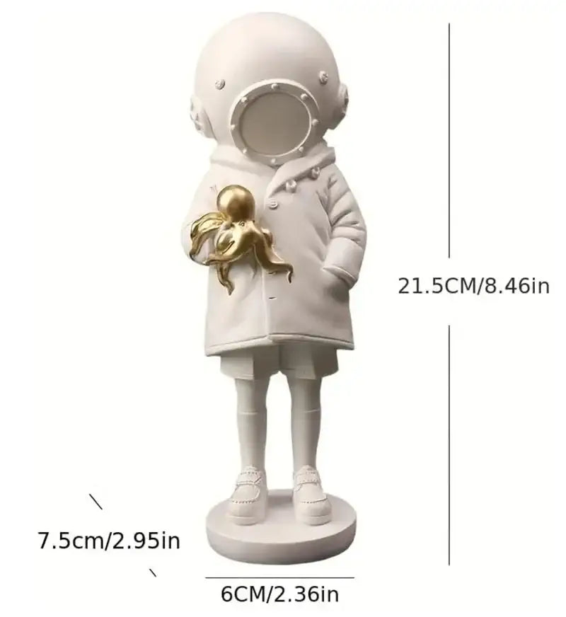 Modern white and gold deepsea diver sculpture featuring a resin child astronaut helmet figurine holding a golden octopus