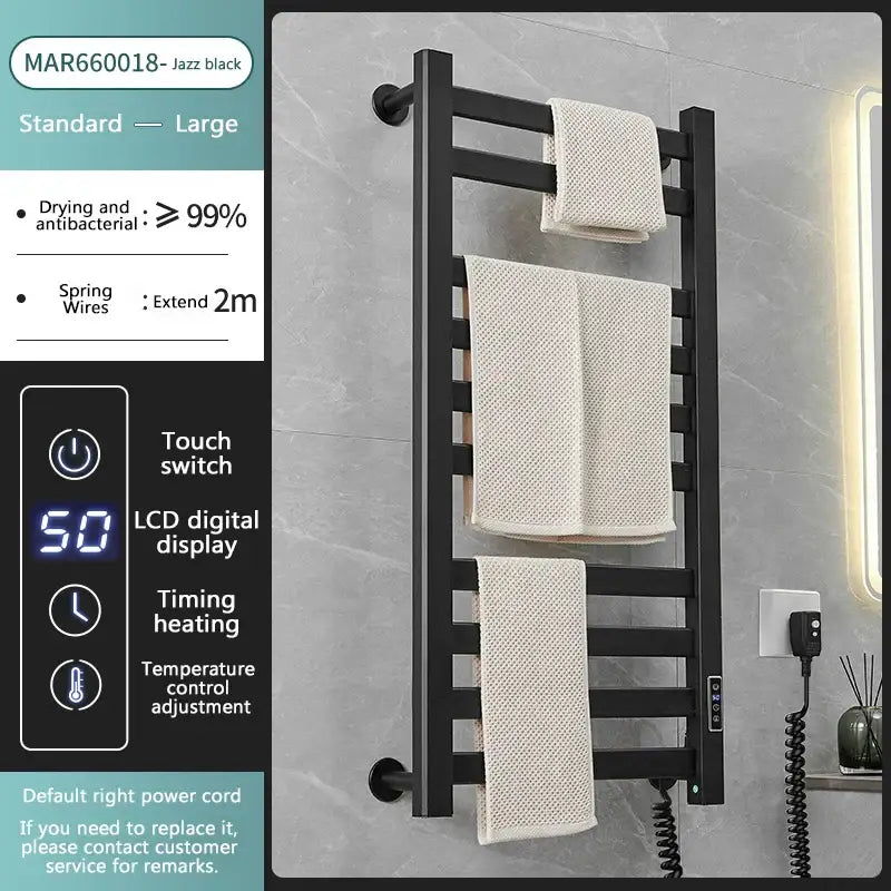 Modern white and gold electric towel radiator with storage shelf and black jazz towel radiator warmer with digital control