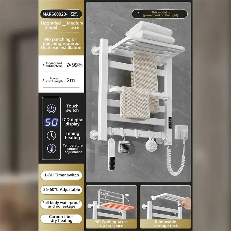 Modern pearl white and gold electric towel radiator warmer with lcd digital display and touch switch for bathroom storage