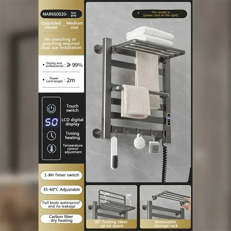 Gun gray electric towel radiator warmer with multiple tiers touch switch control and LCD display for bathroom storage