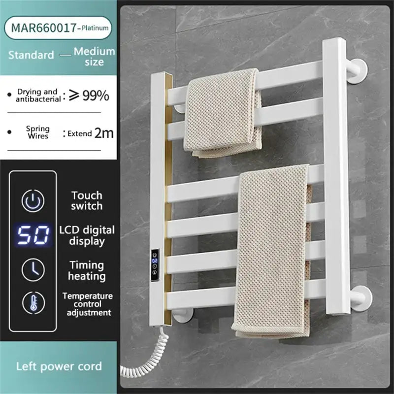 Modern white and gold electric towel radiator warmer with digital display and bathroom storage shelf for efficient drying