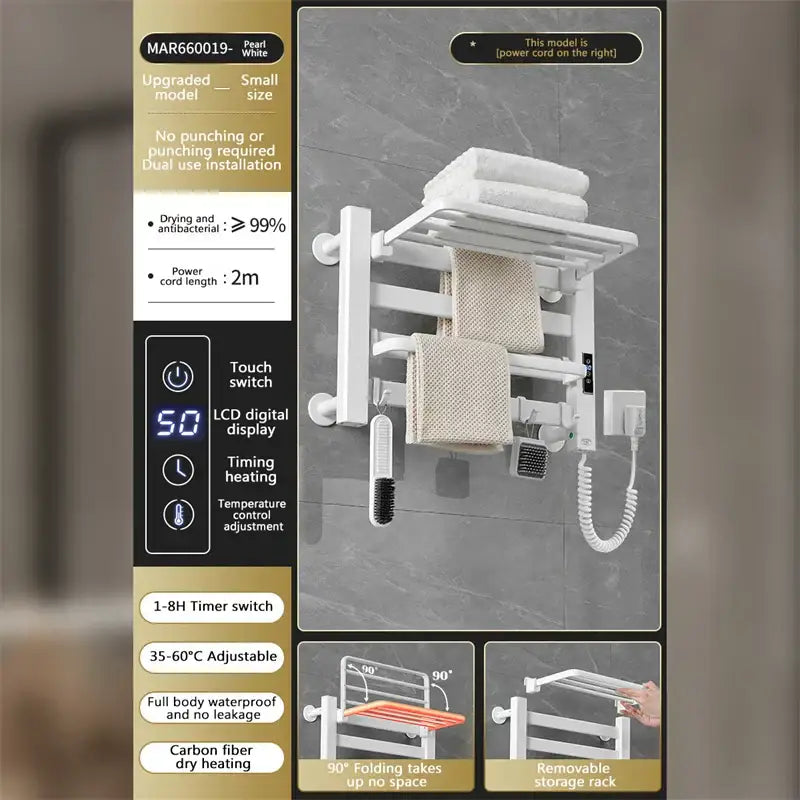Modern white and gold electric towel radiator with pearl white foldable design and digital display for bathroom storage shelf