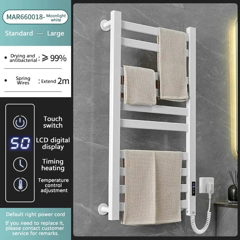 Modern white and gold electric towel radiator with digital display and touch switch for bathroom storage shelf