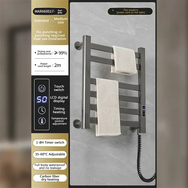 Modern white and gold electric towel radiator with gun gray electric towel rack featuring touch switch and lcd display