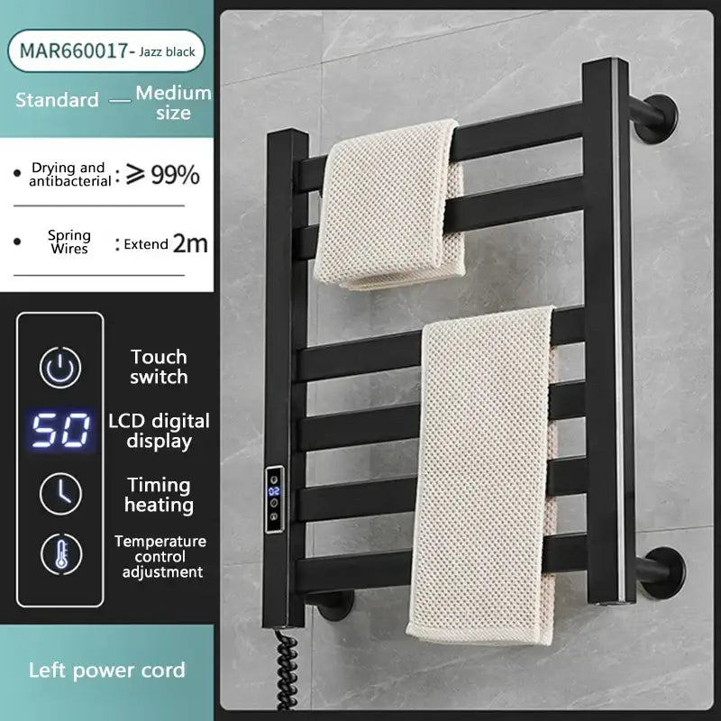Modern white and gold electric towel radiator with bathroom storage shelf and black jazz electric towel radiator warmer with digital control