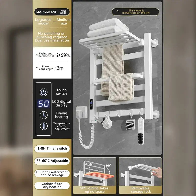 Modern pearl white electric towel radiator with foldable shelf and removable storage rack for bathroom storage