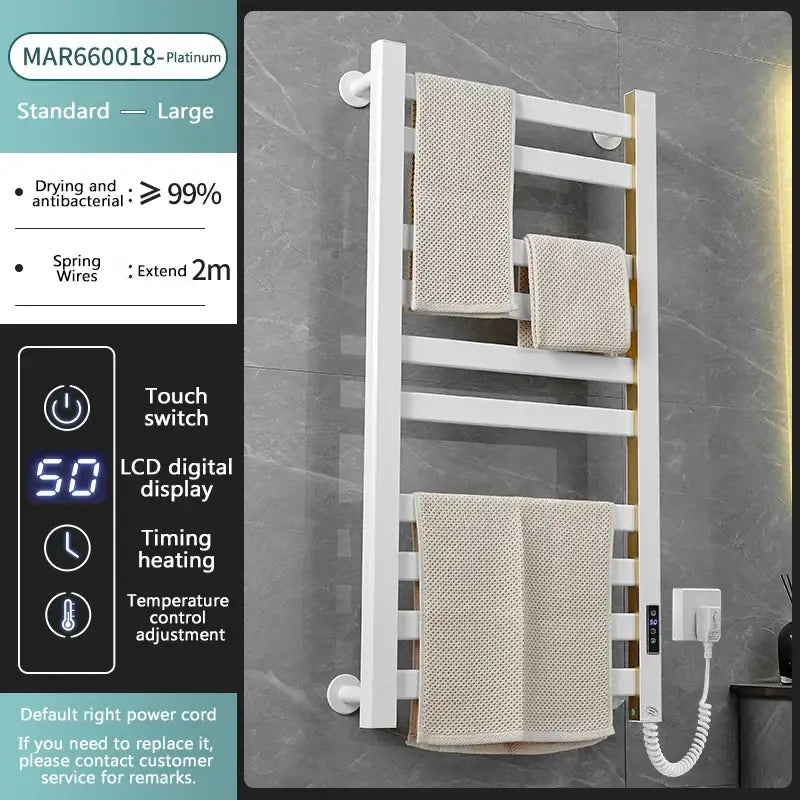 Modern white and gold electric towel radiator with digital temperature control and bathroom storage shelf for warm towels