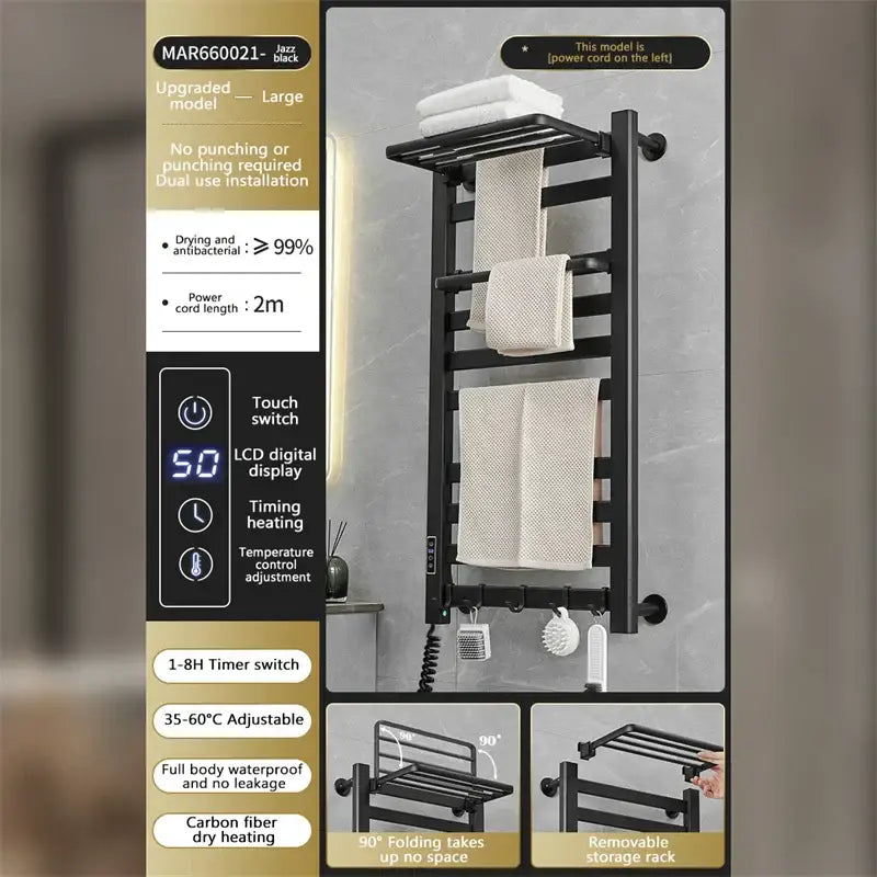 Black electric towel radiator with multiple tiers lcd display and carbon fiber heating elements for bathroom storage shelf