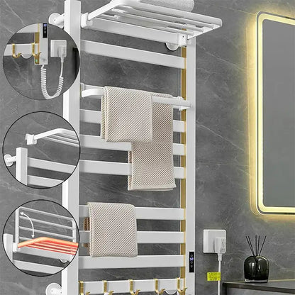 Modern white and gold electric towel radiator warmer with digital control panel and towel radiator hooks for bathroom storage shelf