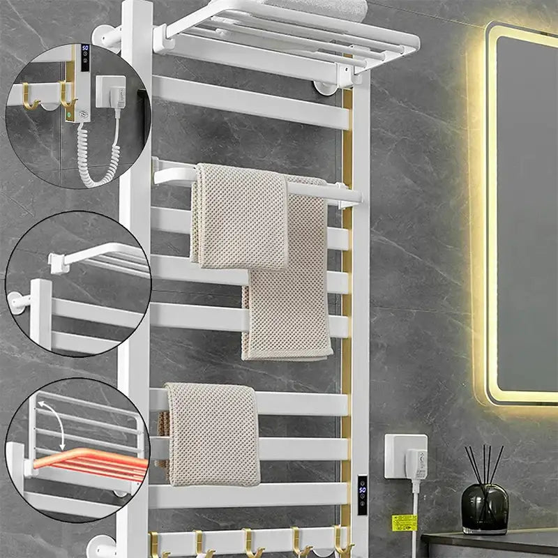Modern white and gold electric towel radiator warmer with digital control panel and towel radiator hooks for bathroom storage shelf