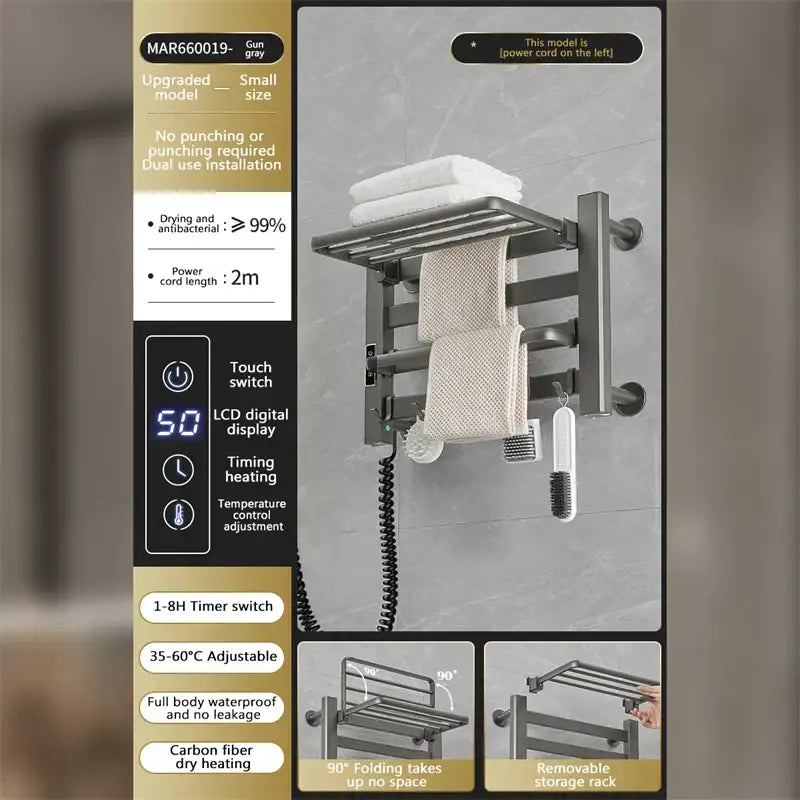 Gun gray electric towel radiator with touch switch and lcd display in modern white and gold towel radiator warmer design