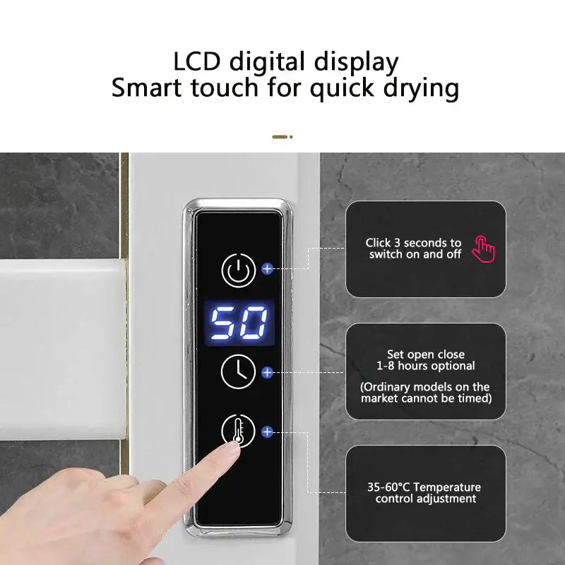 Black lcd digital display control panel with silver frame and smart touch buttons on modern electric towel radiator warmer