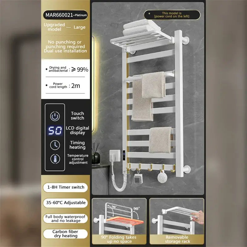 Modern white and gold electric towel radiator with carbon fiber heating elements and foldable storage shelf for bathroom use