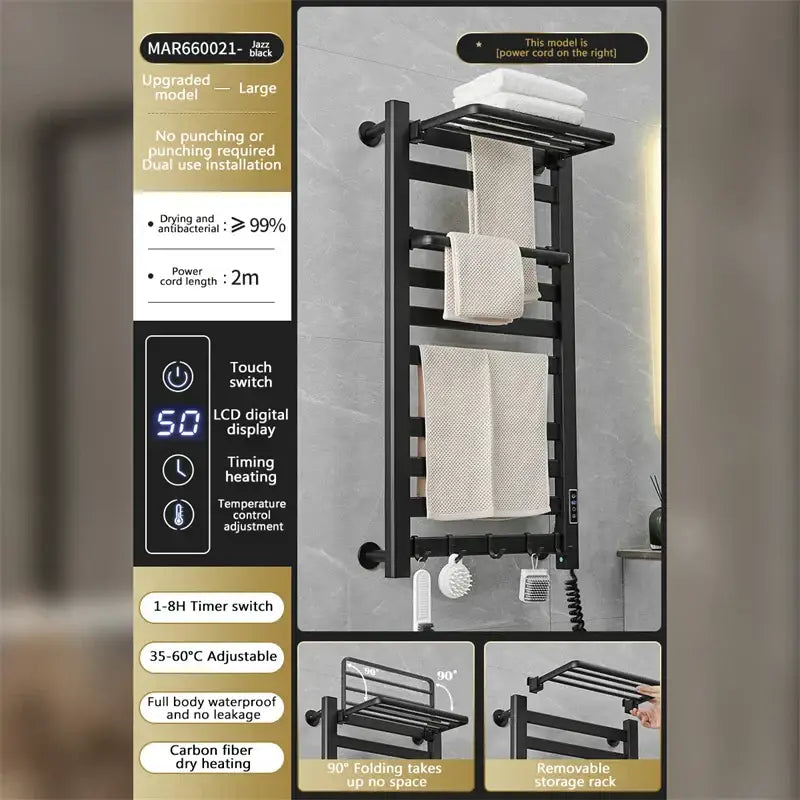 Black electric towel radiator warmer with multiple drying bars and lcd digital display for temperature and timer control