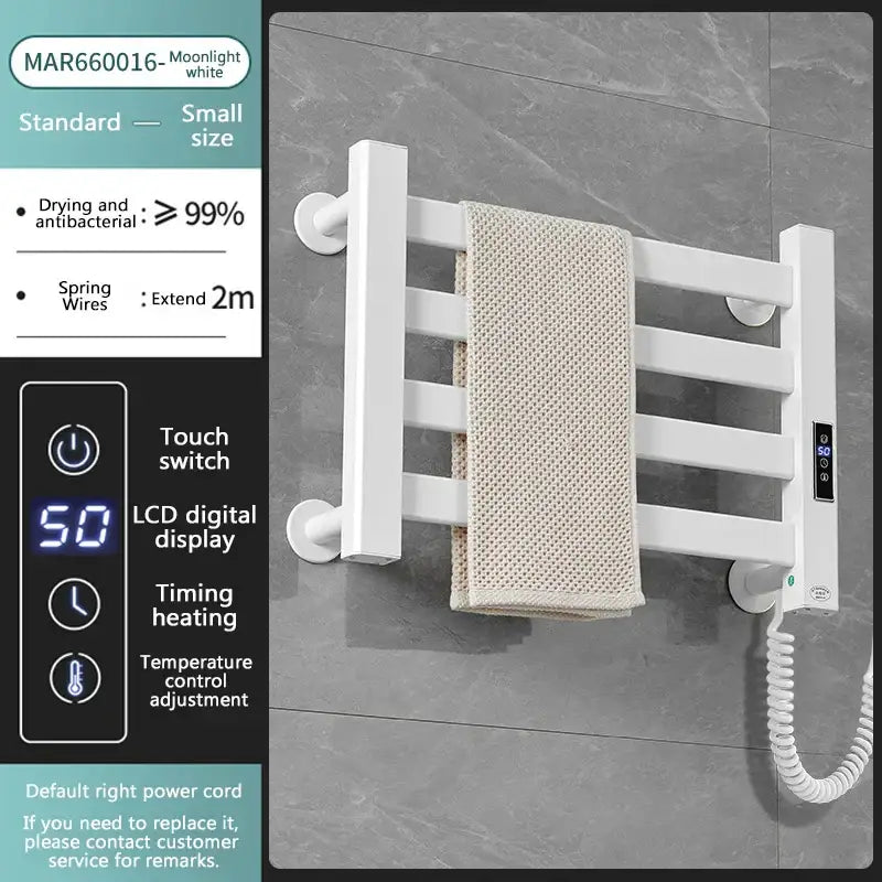 Modern white and gold electric towel radiator with four bars and digital display panel for temperature control and timing functions