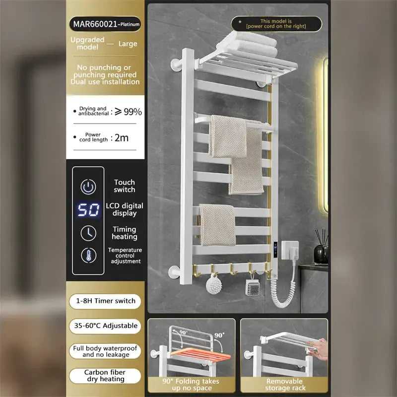 Modern white and gold electric towel radiator with lcd display carbon fiber heating and foldable storage shelf