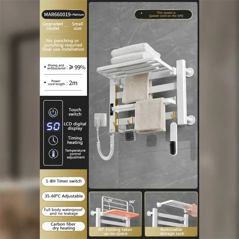 Modern white and gold electric towel radiator with digital display and foldable design for bathroom storage and warming
