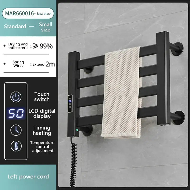 Modern white and gold electric towel radiator with jazz black heated towel radiator and digital temperature control display
