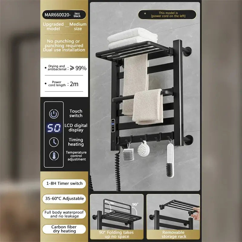 Black matte electric towel radiator with foldable design and storage shelf for modern bathroom use