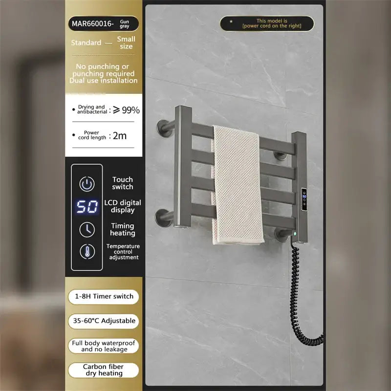 Gun gray electric towel radiator warmer with digital display and carbon fiber heating elements for bathroom use