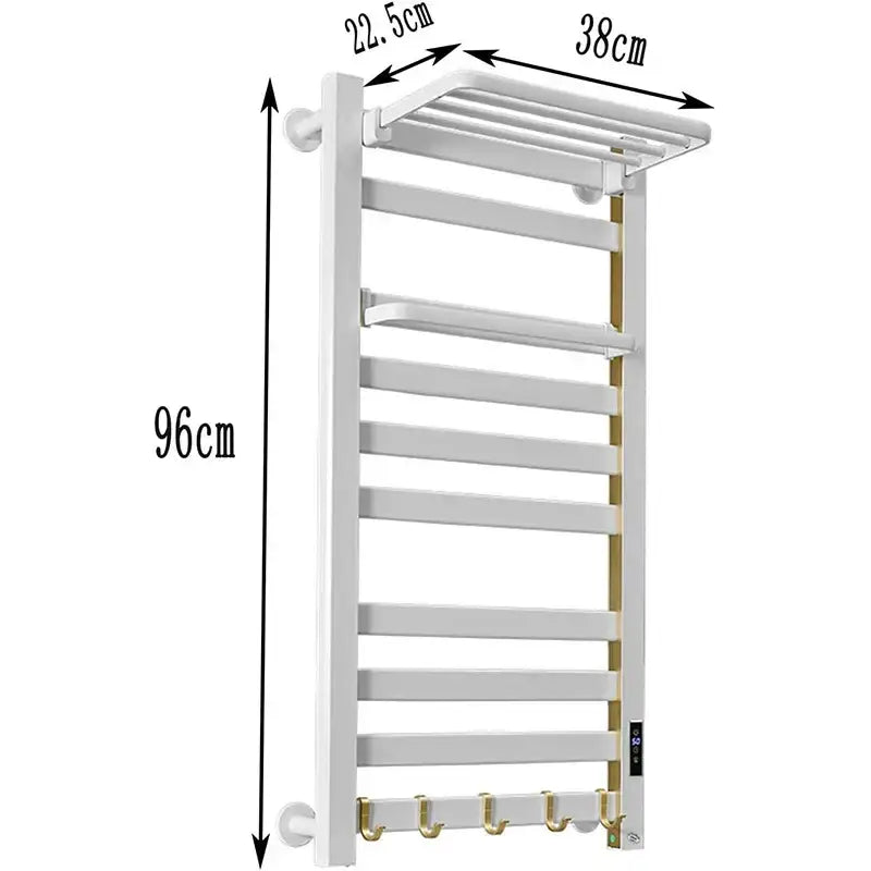 Modern white and gold electric towel radiator warmer with digital control panel and bathroom storage shelf