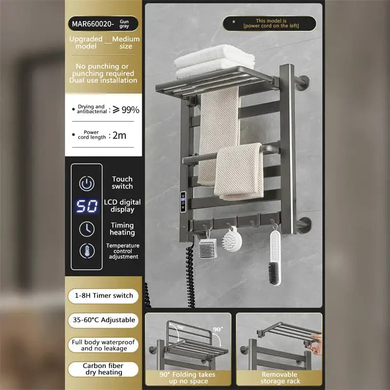 Gun gray metallic electric towel radiator warmer with foldable design and removable storage shelf for bathroom use