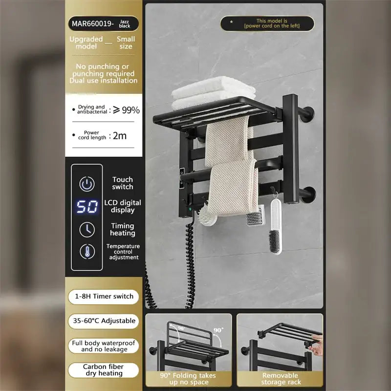 Modern white and gold electric towel radiator with foldable black electric towel radiator warmer and touch control bars