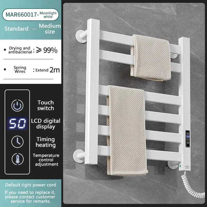 Modern white and gold electric towel radiator with lcd digital display for temperature control and bathroom storage shelf