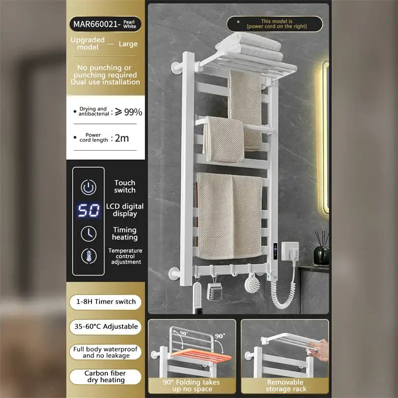 Pearl white electric towel radiator warmer with multiple tiers foldable design and integrated bathroom storage shelf