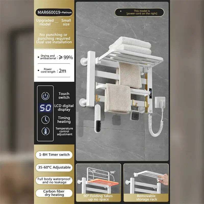 Modern white and gold electric towel radiator with foldable design and touch switch control for bathroom storage shelf