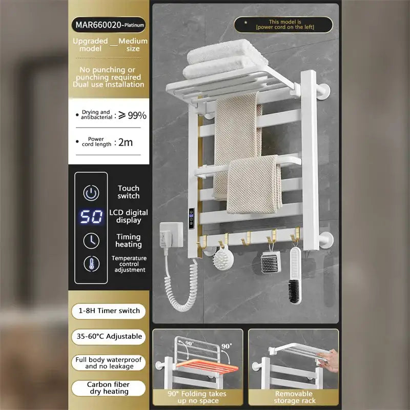 Modern white and gold electric towel radiator with carbon fiber heating elements and digital touch switch for bathroom use