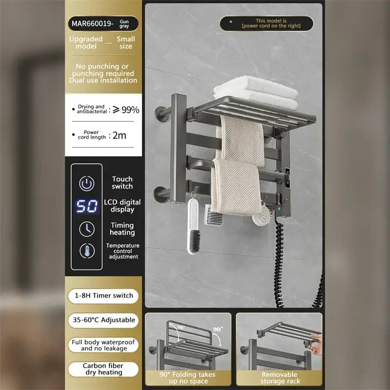 Modern white and gold electric towel radiator with gun gray heated towel rack, lcd display, and carbon fiber heating technology