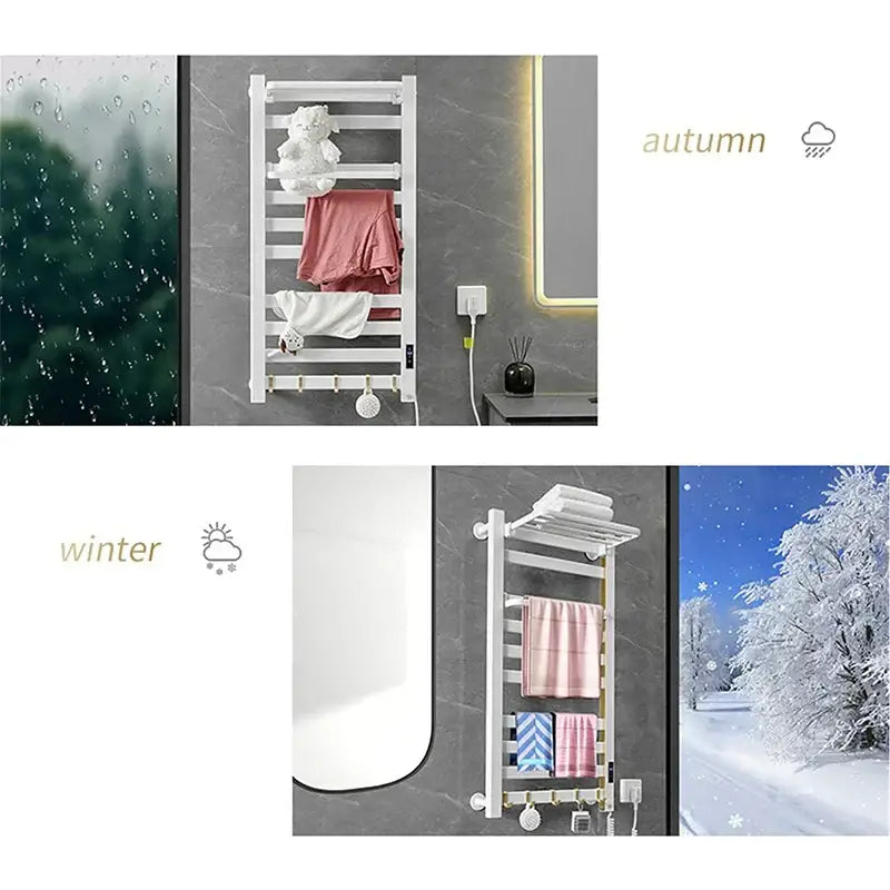 Modern white and gold electric towel radiator with multiple horizontal bars and integrated hooks for towel drying and storage