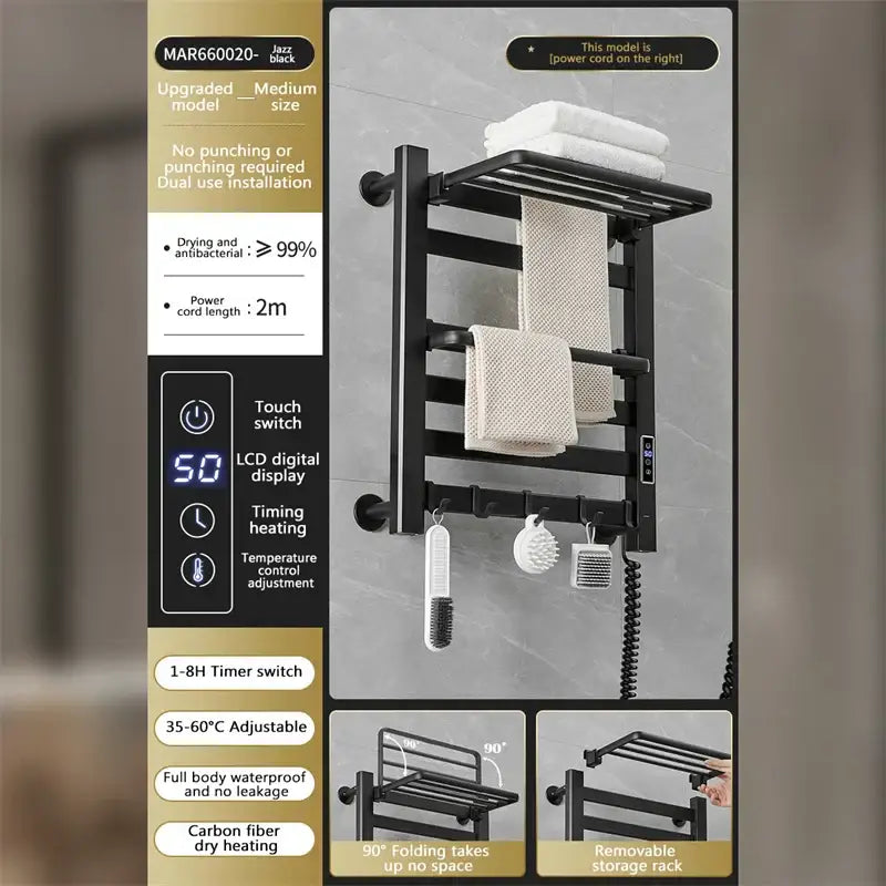 Modern white and gold electric towel radiator with black carbon fiber heated towel rack lcd display and touch switch