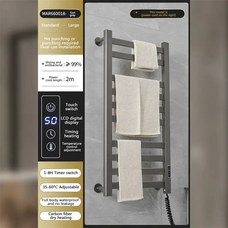 Modern white and gold electric towel radiator with gun gray carbon fiber heating and lcd display towel radiator warmer