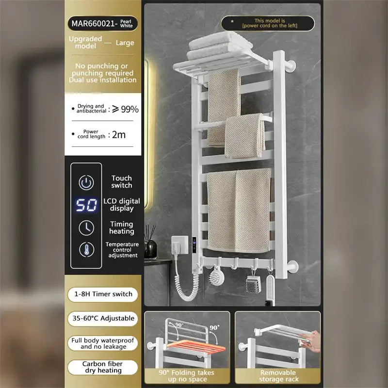 Modern white and gold electric towel radiator with pearl white multi-tier carbon fiber heating towel radiator warmer and digital display