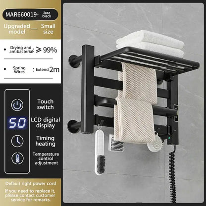 Black electric towel radiator warmer with four bars, touch switch, and lcd display for temperature control