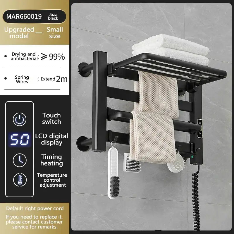 Black electric towel radiator warmer with four bars, touch switch, and lcd display for temperature control