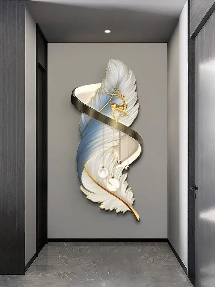 Modern white and gold feather led wall lamp featuring sculptural design with blue gradient accents for bedroom decor