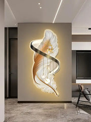 Modern white and gold feather led wall lamp featuring illuminated flowing design and hanging spherical lights for bedroom