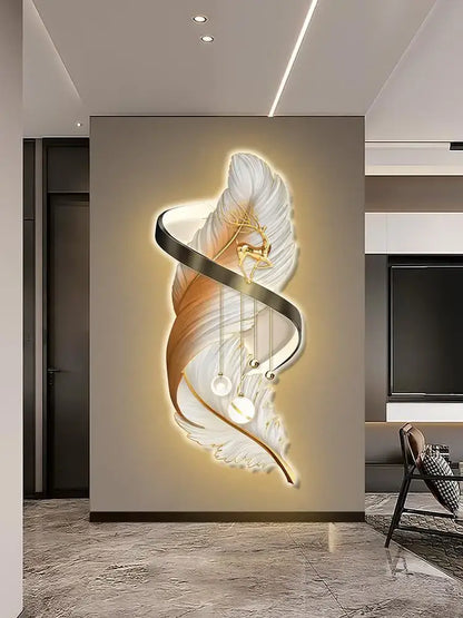 Modern white and gold feather led wall lamp featuring illuminated flowing design and hanging spherical lights for bedroom