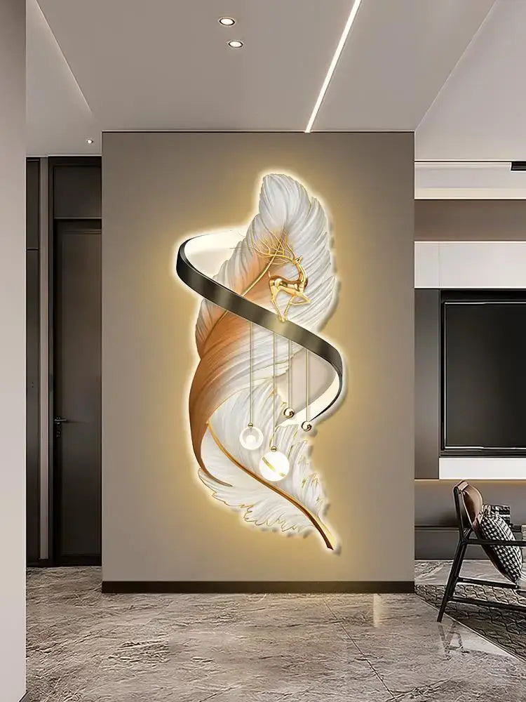 Modern white and gold feather led wall lamp featuring illuminated flowing design and hanging spherical lights for bedroom
