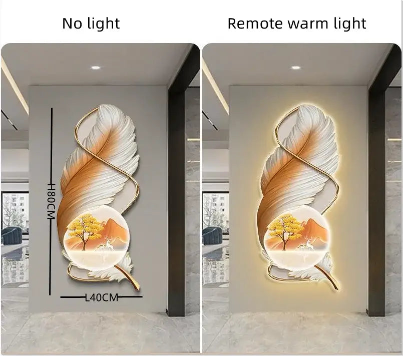 Modern white and gold feather led wall lamp with circular landscape scene illuminated for bedroom decor