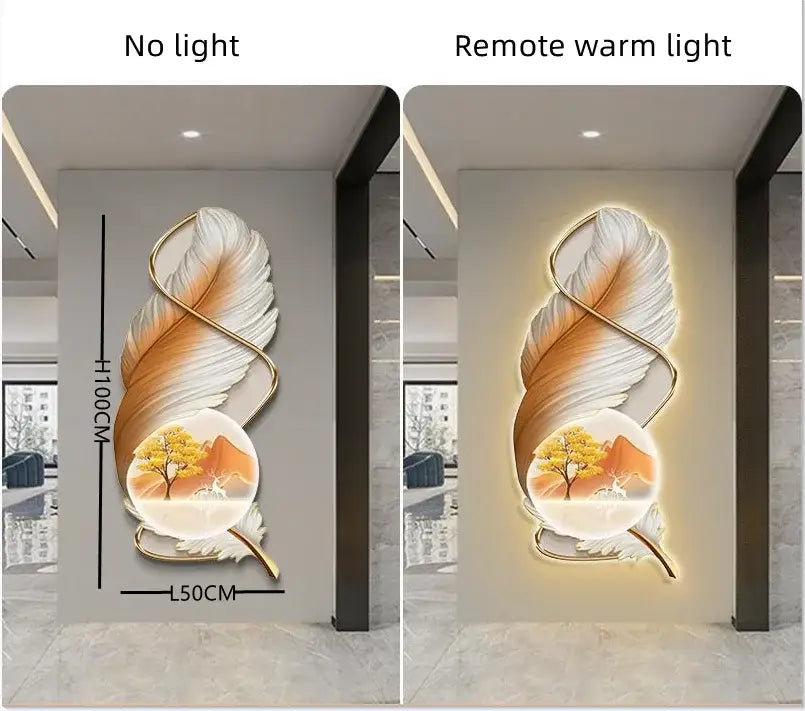Modern white and gold feather led wall lamp with illuminated stylized feather and autumn landscape inset for bedroom decor