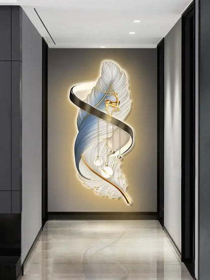 Modern white and gold feather led wall lamp featuring illuminated blue and white stylized feather with hanging lights