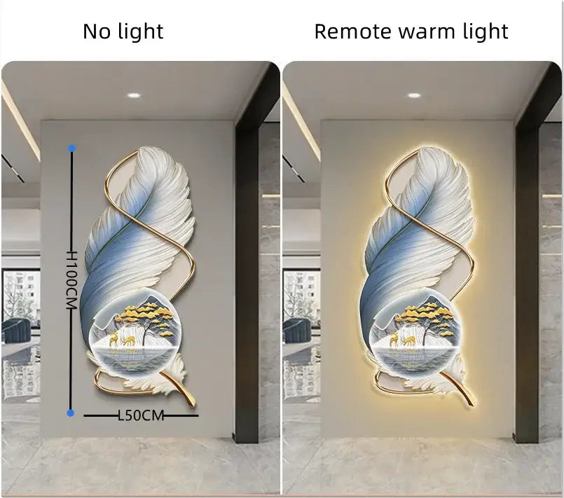 Modern white and gold feather led wall lamp with blue and white gradient tones and gold metal frame for bedroom