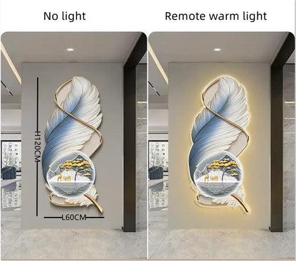 Modern white and gold feather led wall lamp featuring blue and white feather design with deer scene and metal frame
