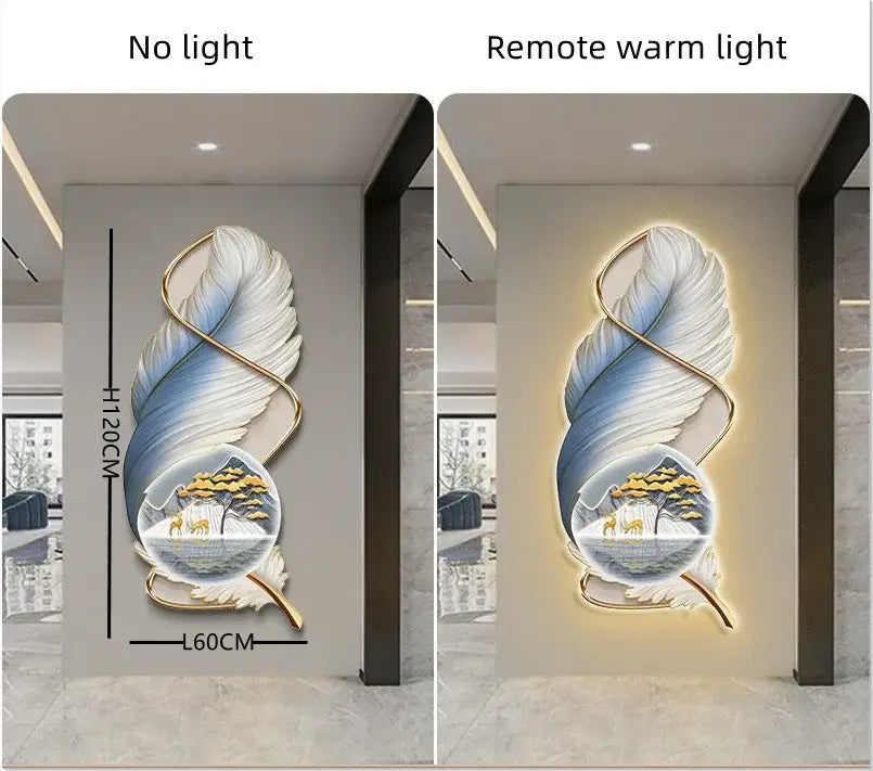 Modern white and gold feather led wall lamp featuring blue and white feather design with deer scene and metal frame