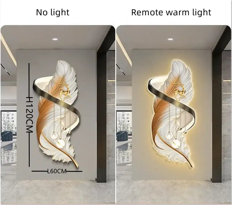 Modern white and gold feather led wall lamp with sleek black ribbon accent for stylish bedroom illumination