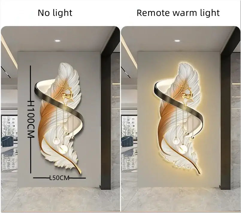 Modern white and gold feather led wall lamp with integrated warm lighting for bedroom sculpture decoration